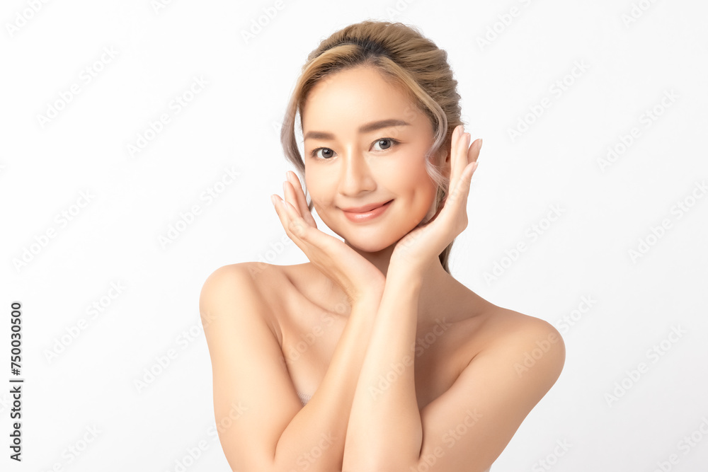 Happy beautiful young asian woman smile touching her face on white background, clean fresh bare skin concept. Facial treatment, Perfect skin, Natural make up. Happy beautiful young asian woman smile touching her face on white background, clean fresh bare skin concept. Facial treatment, Perfect skin, Natural make up.