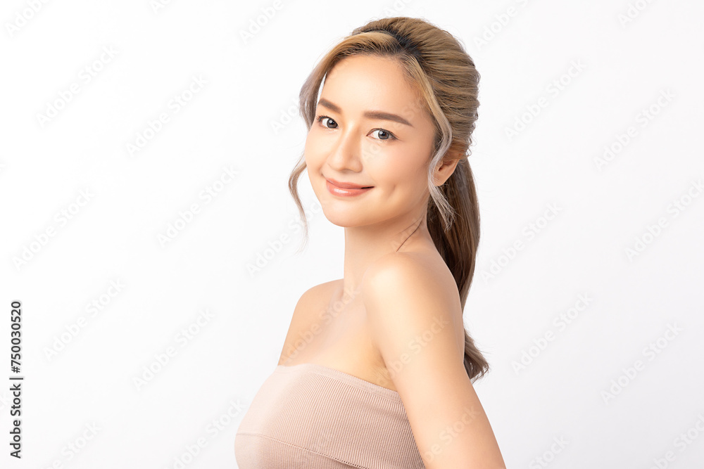 Happy beautiful young asian woman clean fresh bare skin concept. Asian girl beauty face skincare and health wellness, Facial treatment, Perfect skin, Natural make up. Isolated on white background. Happy beautiful young asian woman clean fresh bare skin concept. Asian girl beauty face skincare and health wellness, Facial treatment, Perfect skin, Natural make up. Isolated on white background.