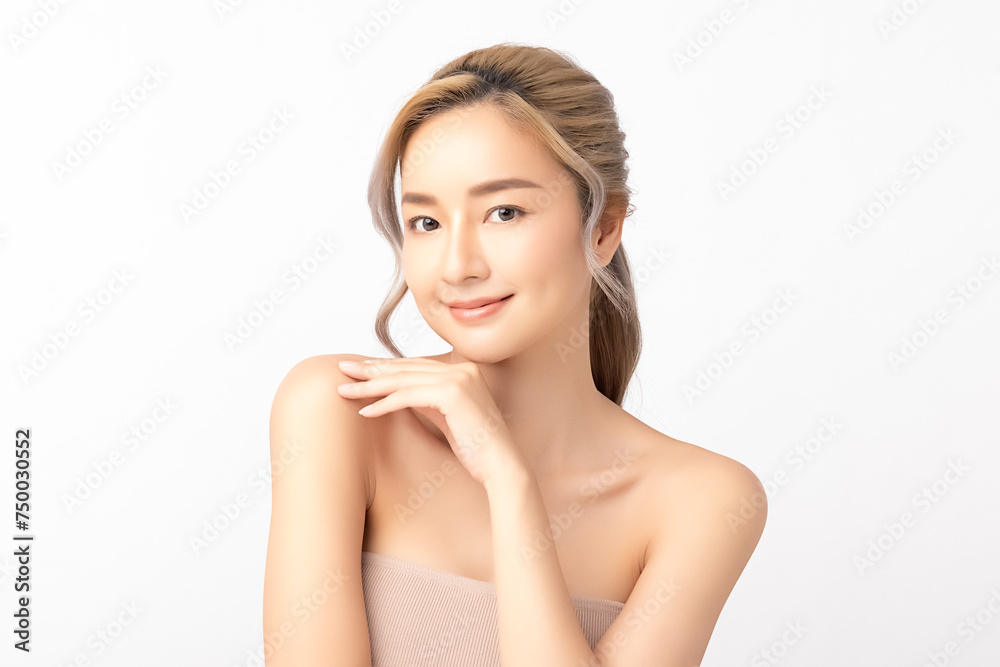 Happy beautiful young asian woman clean fresh bare skin concept. Asian girl beauty face skincare and health wellness, Facial treatment, Perfect skin, Natural make up. Isolated on white background. Happy beautiful young asian woman clean fresh bare skin concept. Asian girl beauty face skincare and health wellness, Facial treatment, Perfect skin, Natural make up. Isolated on white background.
