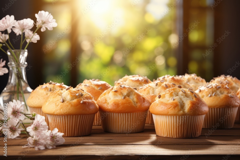 fresh muffin is served at the kitchen table professional advertising food photography - obrazy, fototapety, plakaty 