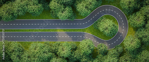 Aerial image of a road with a turn in a forest of elm trees - concept for returning, changing your mind, confrontation, direction. web banner format - 3d render