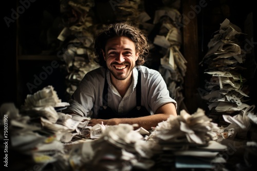Smiling young male professional sitting at a desk covered in papers and receipts, looking at the camera with happiness and satisfaction. Concept Achievement, Success, Hard work pays off. © katrin888