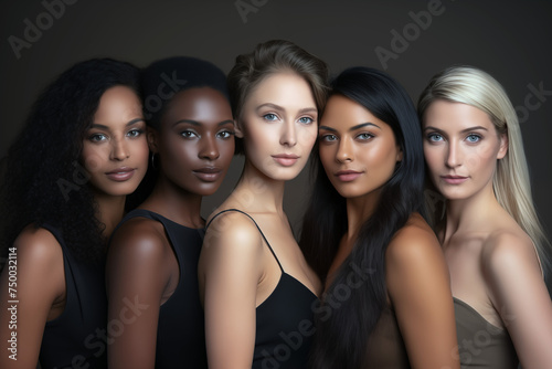 Portrait of group of five beautiful women with natural beauty, glowing smooth skin and beautiful hair