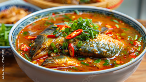 Spicy fish soup in a bowl