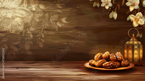 Concept Ramadan Kareem with plate of dates and ancie photo