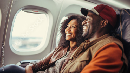 Black young couple travelling by plane, holiday vacation concept. AI Generated content photo