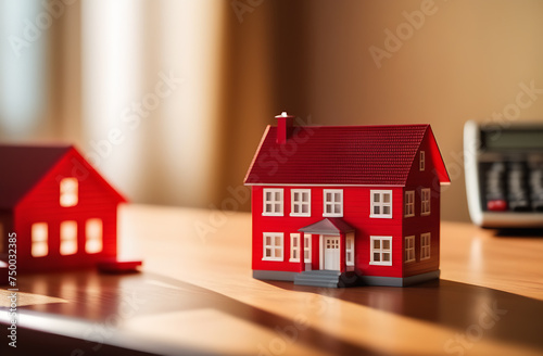 Two dollhouses on a wooden table next to a calculator