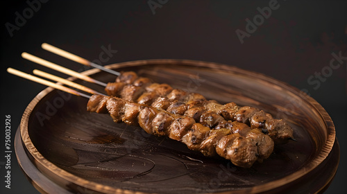 Grilled chicken skewers on rustic wooden plate