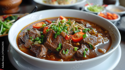 Traditional beef noodle soup in bowl