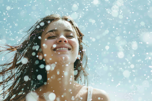 Joyful young woman enjoying a snowy day with wind blowing her hair and snowflakes falling on her face