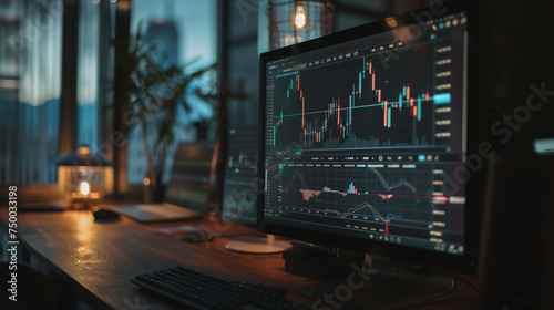 Computer monitors displaying stock market charts in a dim office.
