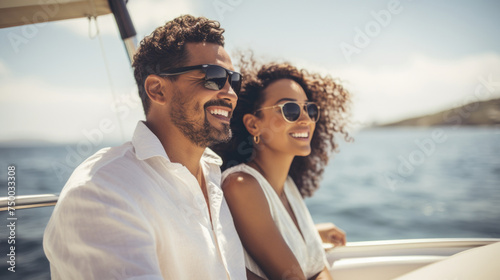 Smiling young mixed race couple enjoying sailboat ride on sunny summer day