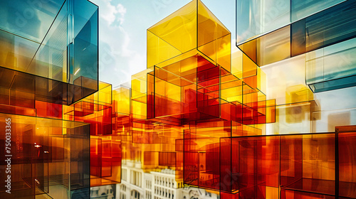 Urban Geometry, Colorful Abstract Design in Modern Cityscape, Futuristic Skyscrapers with Blue and Orange Hues