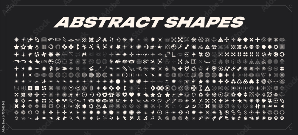 Retro Y2K futuristic 500 elements for design. Big collection of abstract graphic geometric symbols and objects. Templates for notes, posters, banners, stickers, business cards, logo - obrazy, fototapety, plakaty 