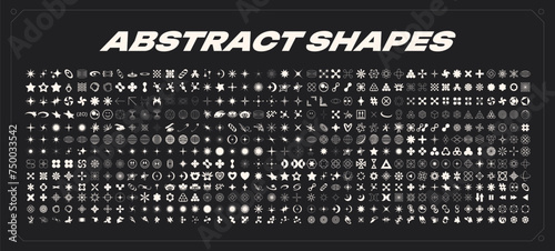 Retro Y2K futuristic 500 elements for design. Big collection of abstract graphic geometric symbols and objects. Templates for notes, posters, banners, stickers, business cards, logo photo