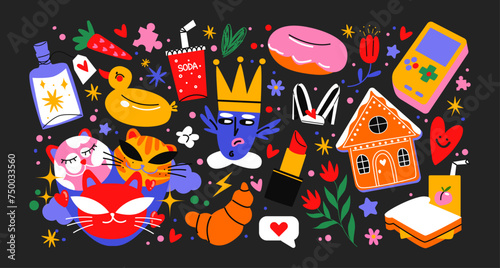 Cartoon doodle groovy stickers set. 90s cute design. Animals, flowers, tetris, sweets, characters. Retro hippie acid set. Trendy patches, labels, tags, stickers, stamps