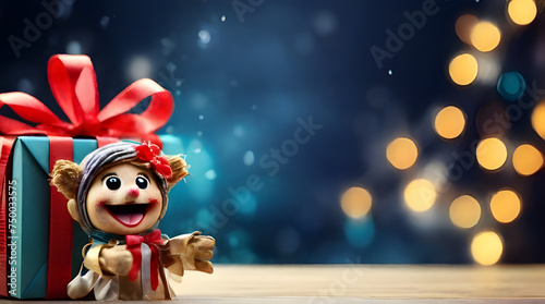 A funny puppet with decorated gift box on bokeh background, copy space. Joy and cheer spreading concept. Clown Box or a surprise box. Perfect for children party time. 3d rendering vector illustration