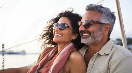 Smiling middle aged indian american couple enjoying sailboat ride in summer
