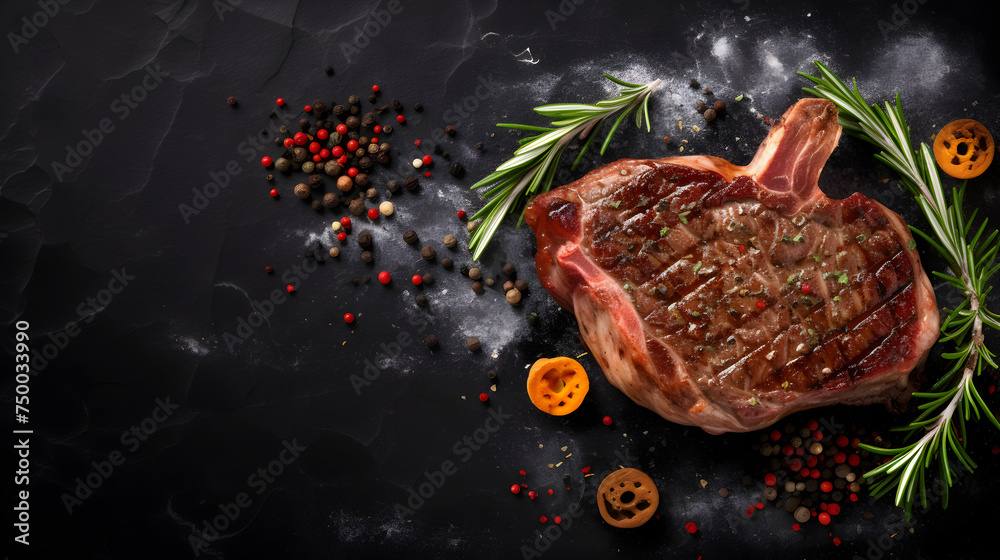 Grilled rib eye steak on black background