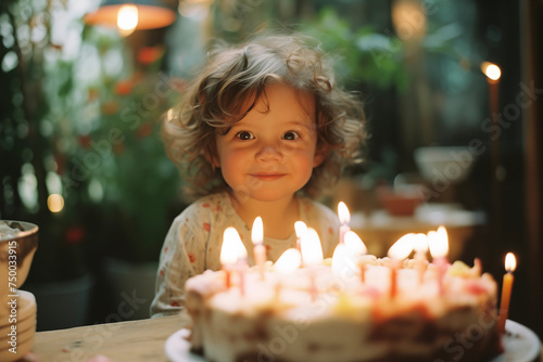 Cake Smash party. Little birthday baby with cake. Happy infant child celebrating birthday. Decoration birthday photo zone.
