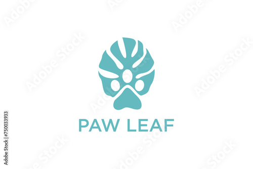 Monstera leaf logo with a hole in the shape of a cute cat's paw, green monstera leaf plant for home interior decoration.