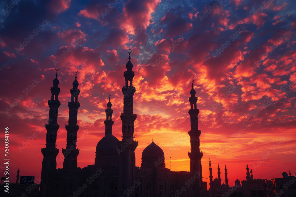 Majestic Sunset Behind Mosque Minarets in Tranquil Evening.