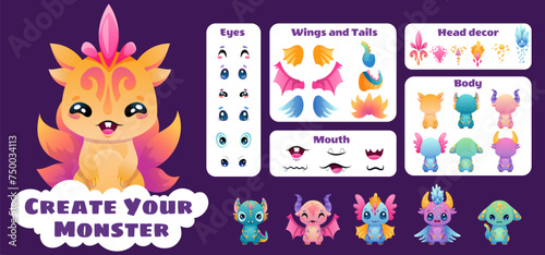 Create your Monster and collect cute aliens and funny creatures. Cartoon character creation kit with all elements and body parts. Vector children illustration