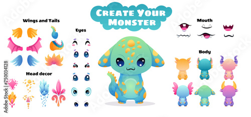 Create your Monster and collect cute aliens and funny creatures. Cartoon character creation kit with all elements and body parts. Vector children illustration