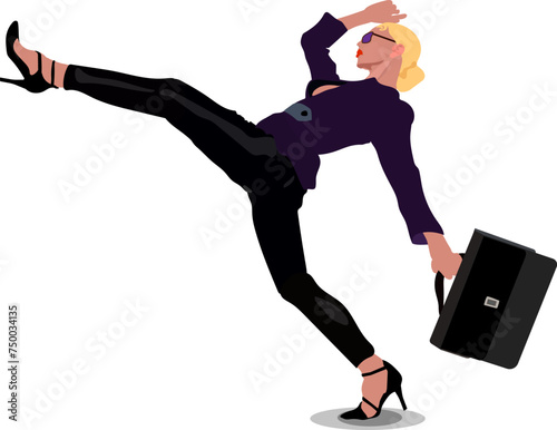 A stylishly walking girl with a suitcase in a high-stepping fashion on a white background, depicted in a vector illustration. She embodies elegance, dynamism, and modern fashion trends.