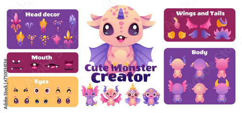 Create your Monster and collect cute aliens and funny creatures. Cartoon character creation kit with all elements and body parts. Vector children illustration