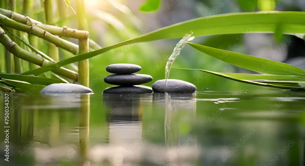 concetto di consapevolezza e relax, giardino zen con acqua che scorre da un giunco, pace e serenità zen