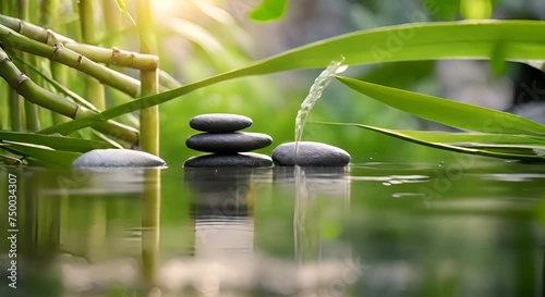concetto di consapevolezza e relax, giardino zen con acqua che scorre da un giunco, pace e serenità zen photo