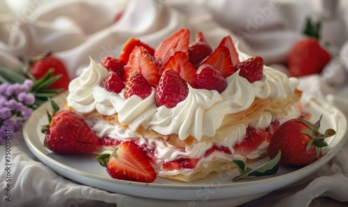 A strawberry shortcake with whipped cream and strawberries on top