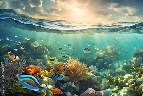  vibrant underwater scene featuring a colorful coral reef teeming with a variety of tropical fish species. Brightly colored parrotfish, angelfish, and clownfish swim among the coral formations. photo