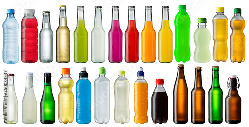set of fresh ice cold beverage bottles isolated white background. cooled water beer lemonade and soda refreshment drink collection photo