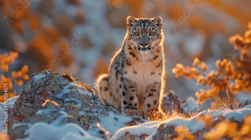 Majestic snow leopard in winter mountain range during goldenhour. Big cats. 