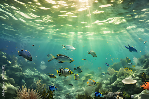  vibrant underwater scene featuring a colorful coral reef teeming with a variety of tropical fish species. Brightly colored parrotfish, angelfish, and clownfish swim among the coral formations.