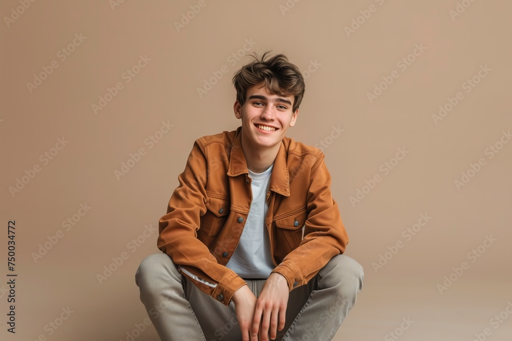 smiling young male dressed in brown jacket and t-shirt smiling young male dressed in brown jacket and t-shirt