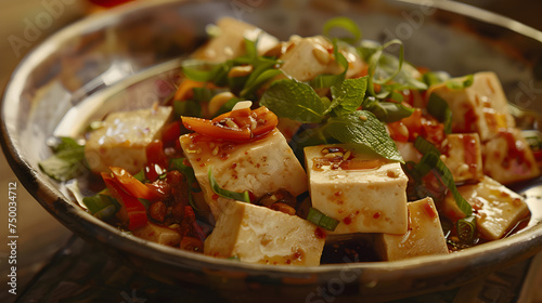 Spicy tofu salad in rustic bowl
