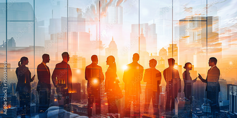 Urban Business Silhouettes: The Intersection of Corporate Teams and Cityscapes, Reflecting a World of Professional Collaboration