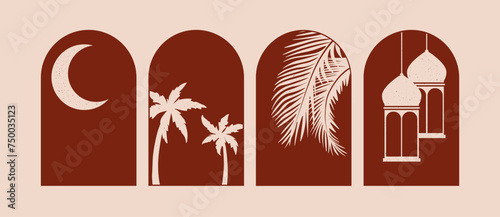 arabic arch frame, moon, lantern, palm tree. templates for social media, promotions and advertising banners, islamic frame vector illustration.