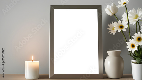 Beautiful photo frames with a candle on a table