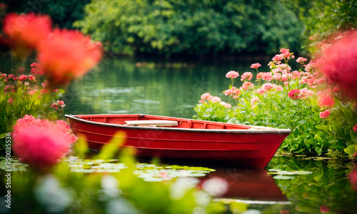 boat on the river with flowers. Selective focus. photo