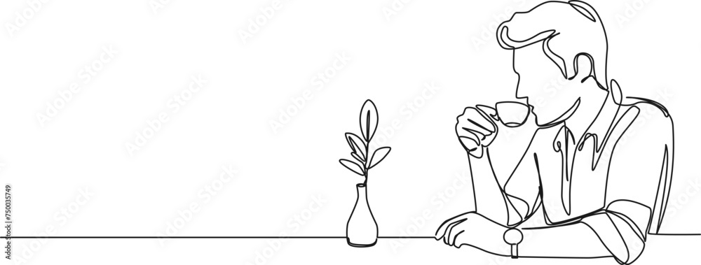 Fototapeta premium continuous single line drawing of man drinking cup of espresso coffee, line art vector illustration