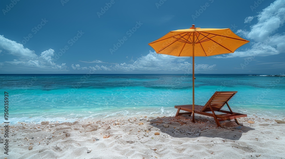 A beach scene with a yellow umbrella and a wooden beach chair A beach scene with a yellow umbrella and a wooden beach chair