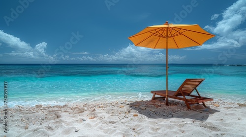 A beach scene with a yellow umbrella and a wooden beach chair