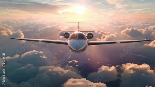 Private jet plane flying in the sky. Airplane in the sky, over the clouds. Beautiful sunset, sky on the top. Ai-generated. photo