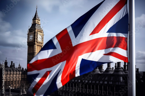 Flag of Great Britain, United Kingdom. City of London flag background. London Big Ben, Elizabeth tower in England. Flag of England and the United Kingdom, UK. Great Clock and Union Jack of England