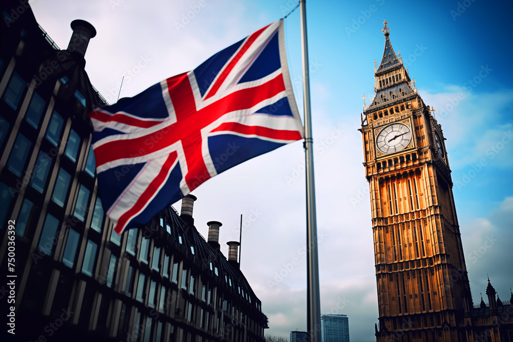 City of London flag background. London Big Ben, Elizabeth tower in England and flag of Great Britain, United Kingdom. Flag of England and the United Kingdom, UK. Great Clock and Union Jack of England - obrazy, fototapety, plakaty 