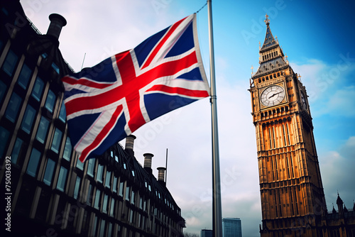 City of London flag background. London Big Ben, Elizabeth tower in England and flag of Great Britain, United Kingdom. Flag of England and the United Kingdom, UK. Great Clock and Union Jack of England photo